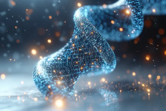 Futuristic DNA helix formed from glowing binary digits and molecular particles in blue light