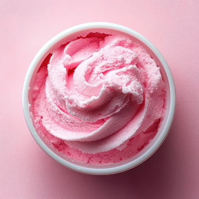 Pink sugar scrub with a swirled cream texture in a small white bowl on a pastel pink background.