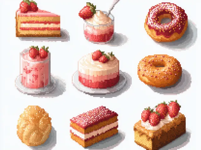 Pixel art desserts show strawberry cakes, parfait cups, and sprinkled donuts arranged on a white background.