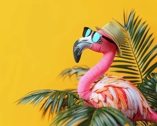 Pink flamingo wearing hat and sunglasses perched by palm leaves on yellow background