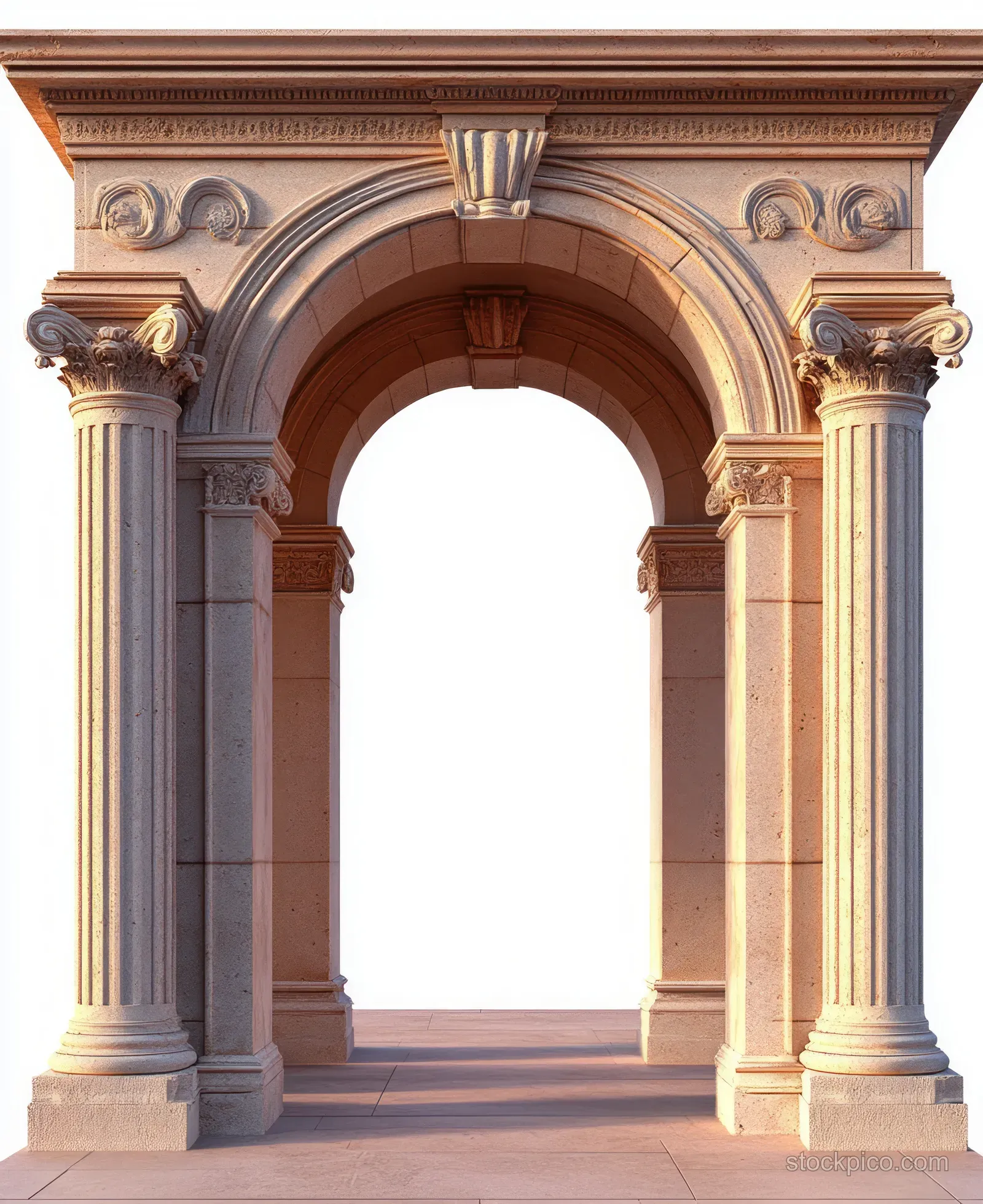 Ornate classical stone archway with Corinthian columns and carved ornamentation under warm lighting.