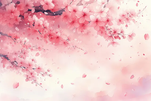Pink watercolor cherry blossom branches extend from the top with light petals drifting across a pale sky backdrop.
