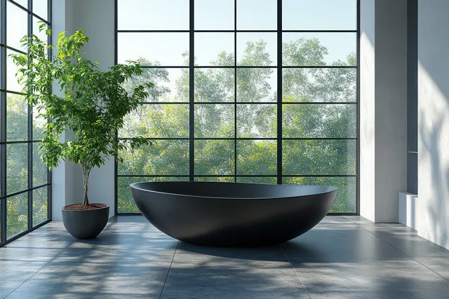 Minimalist bathroom shows a round black bathtub, glass shower partition, and sunlit floor with city greenery outside.