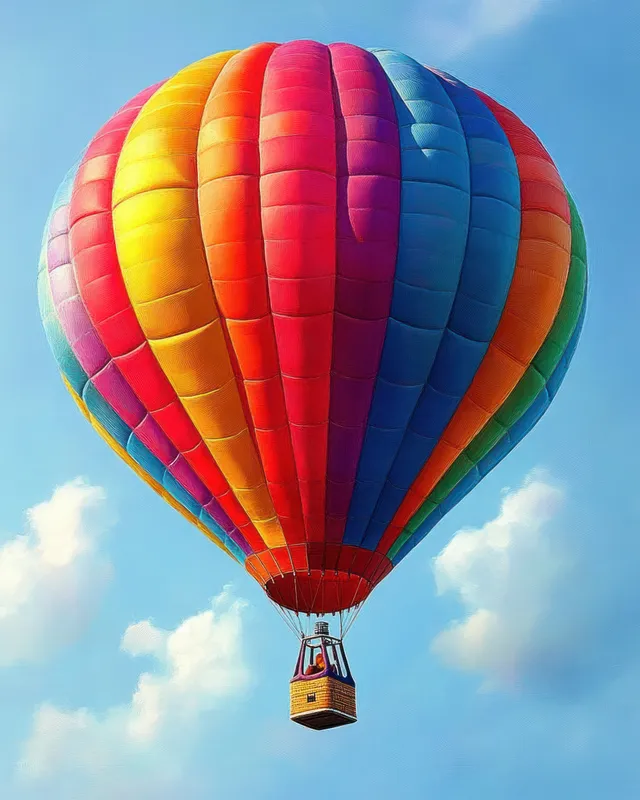 Colorful hot air balloon floating upward over blue sky with sunlight and clouds