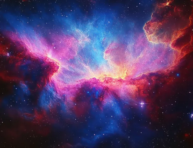 Vivid cosmic nebula with glowing multicolored gas clouds and scattered distant stars with Purple Blue Pink