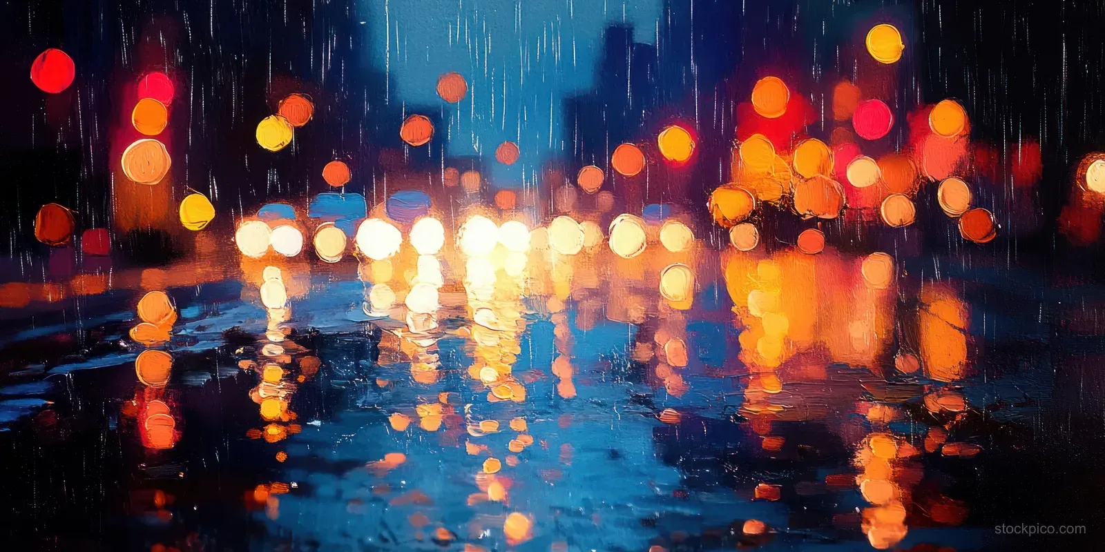 Blurred rainy night street with colorful bokeh traffic lights reflecting on wet pavement.
