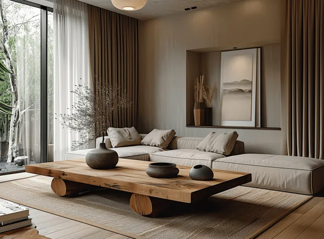 Beige sofa and wide wooden coffee table sit in a Japandi living room beside sheer and dark brown curtains.