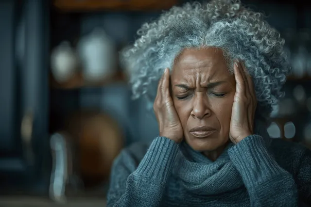 An elderly African-American woman sits at a kitchen table pressing her temples with closed eyes during a severe headache.