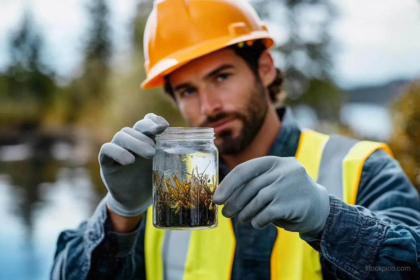 A researcher in an orange helmet and yellow vest holds a jar with aquatic plants while standing by a lake.