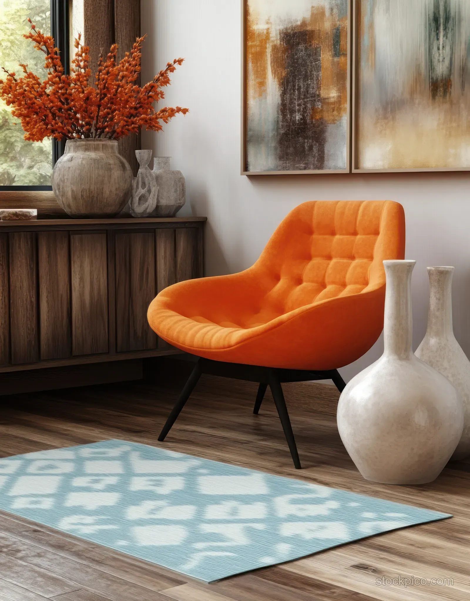 Orange lounge chair sits beside a geometric rug and wooden cabinet with vases and framed wall art in a bright living room.