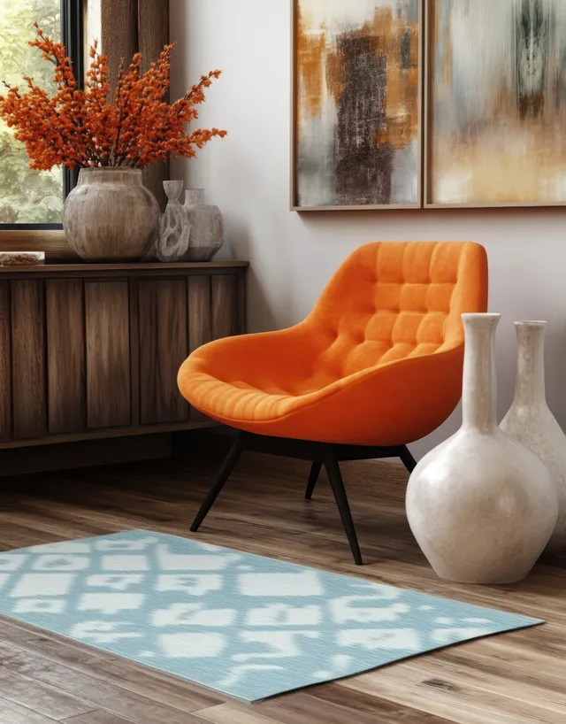 Orange lounge chair sits beside a geometric rug and wooden cabinet with vases and framed wall art in a bright living room.