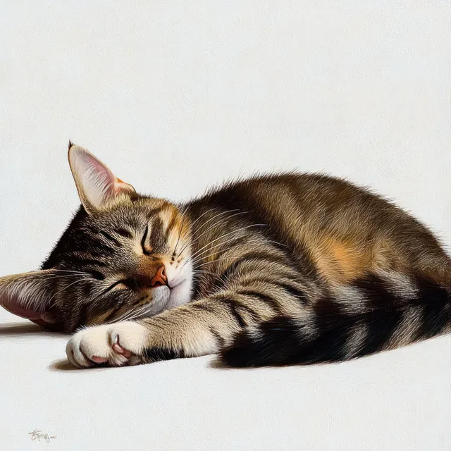 Striped Tabby Cat Sleeping Peacefully on a White Background