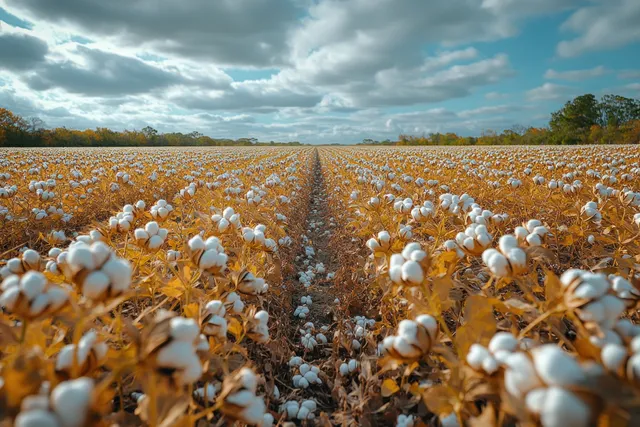 Aerial drone view of a cotton field with symmetrical rows of white bolls leading to the horizon under clouds.