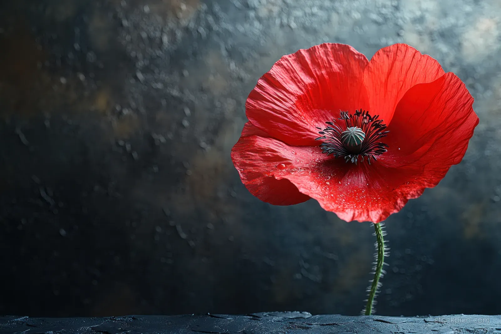 A red poppy flower grows from dark stone with dramatic contrast and detailed petals.