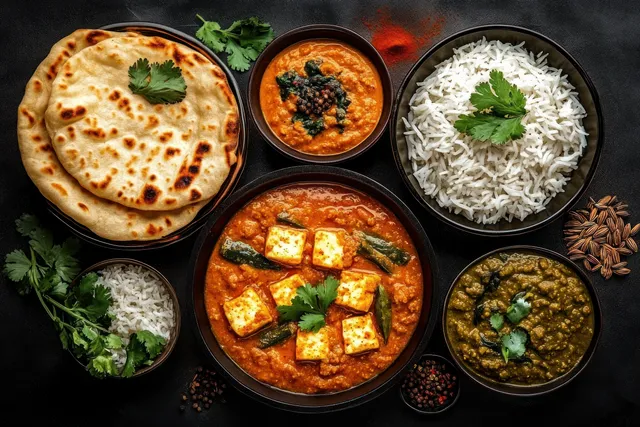 Overhead spread of naan, white rice, paneer curry, dal, and cilantro garnish in small bowls on a dark surface.