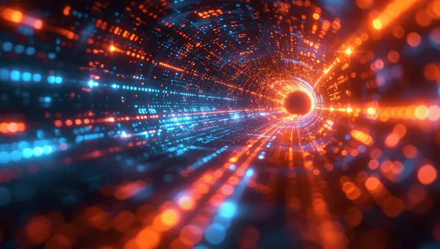 Glowing fiber-optic light trails converge toward a bright central node in a digital network tunnel.