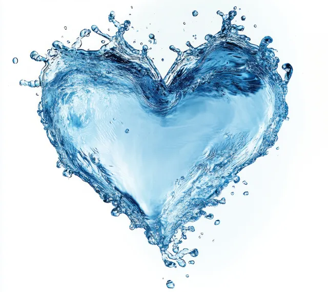 Heart-shaped blue water splash with scattered droplets and rippling surface against a white background.