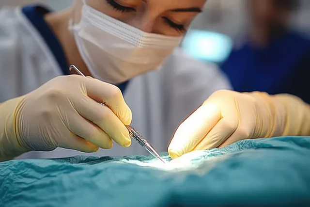 Dermatologist performs electrocautery birthmark removal on a patient’s stomach, gloved hands close-up