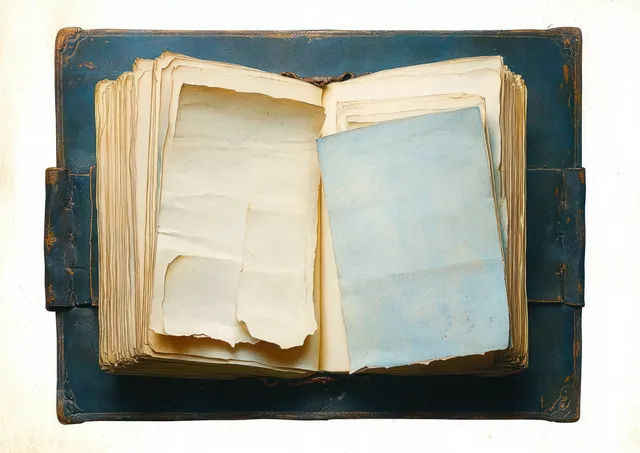 An open vintage book rests on distressed blue leather, with yellowed torn pages spread across the cover.
