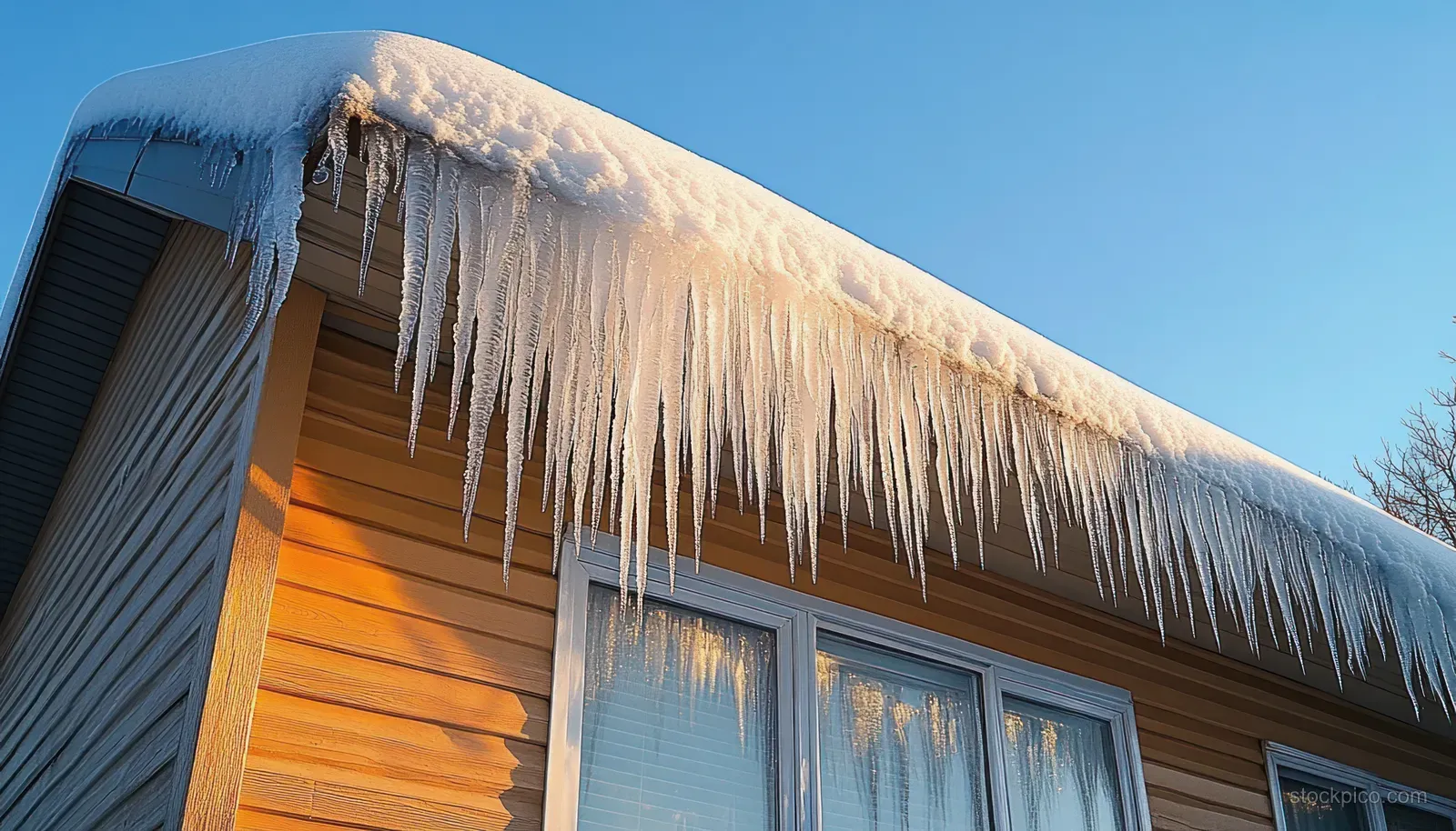 A house exterior in winter sunlight with a snow-covered roof edge and long icicles over the windows.