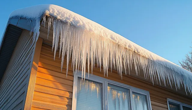 A house exterior in winter sunlight with a snow-covered roof edge and long icicles over the windows.