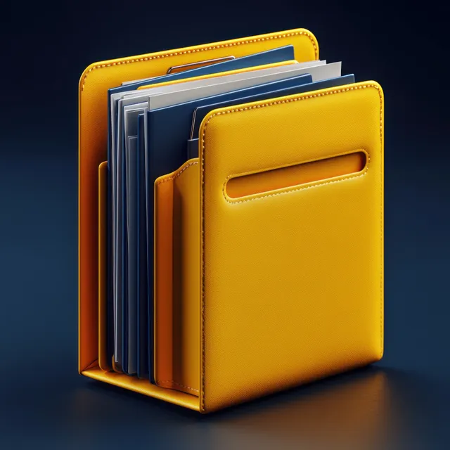 Isometric 3D yellow folder with stacked documents on a deep blue gradient background.