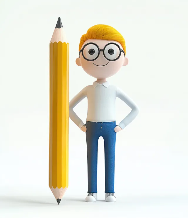A smiling 3D cartoon businessman stands beside a large yellow pencil on a white background.