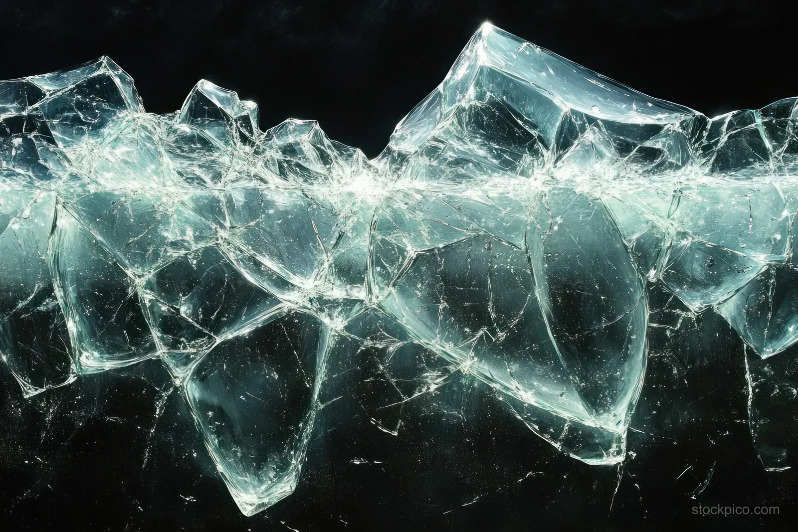 Jagged shattered glass shards catch cool highlights across a dark black void background.