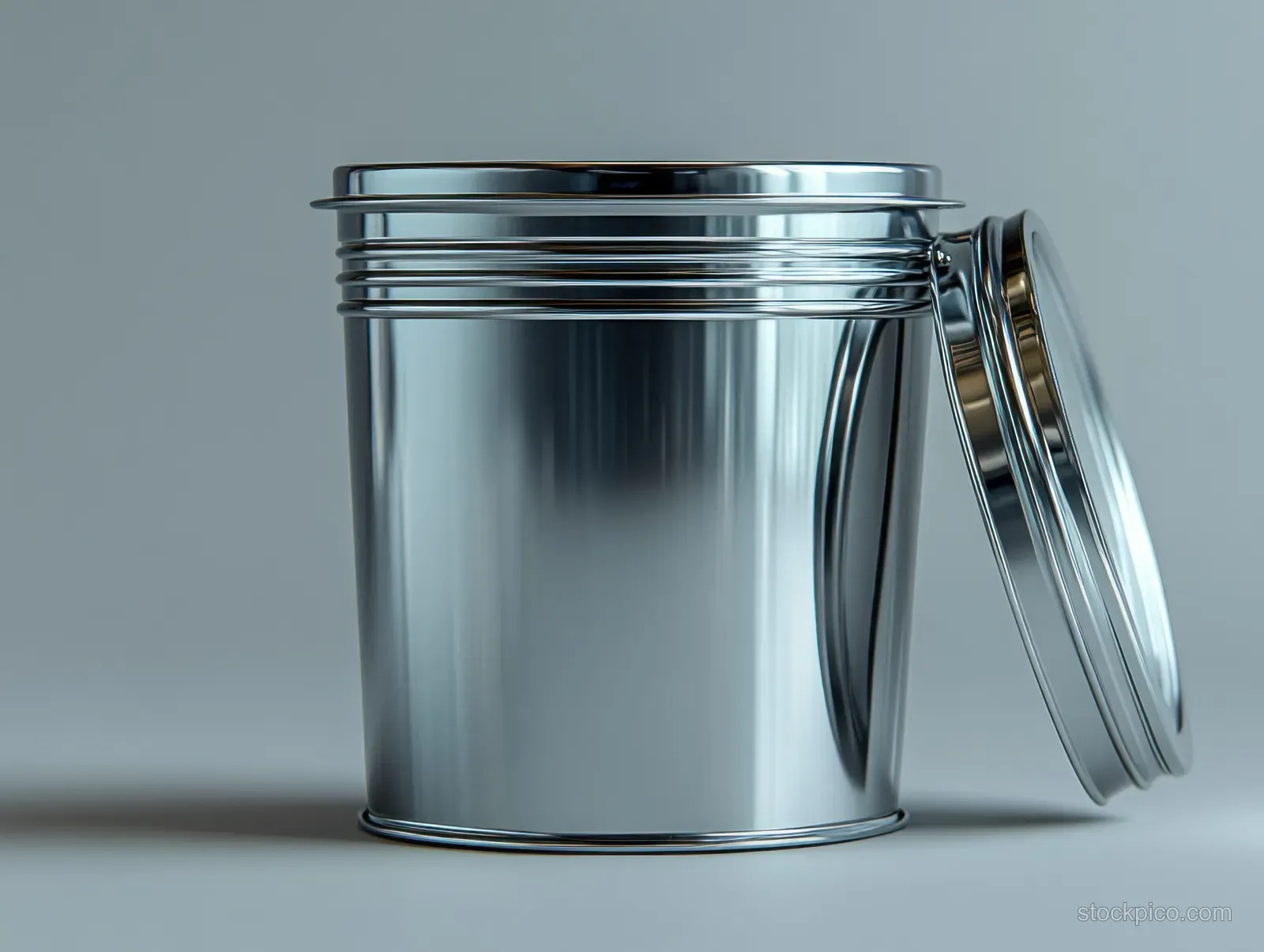 A reflective metal trash can on a studio surface with its lid leaning open.