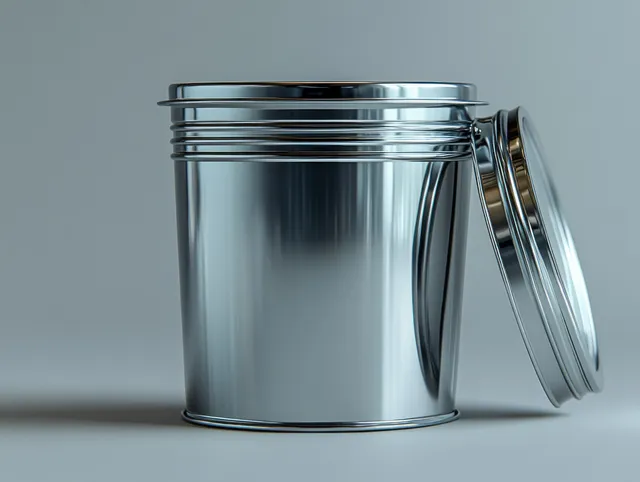 A reflective metal trash can on a studio surface with its lid leaning open.