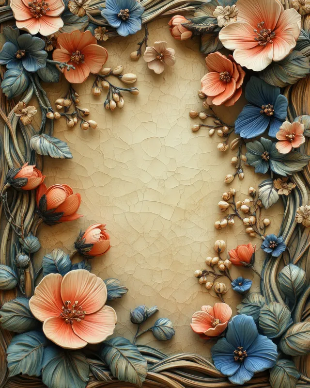 Un borde floral Art Nouveau de flores durazno y azules rodea un espacio vacío color crema para texto.