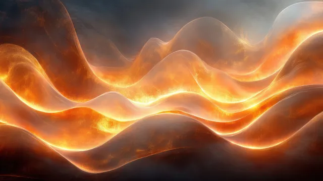 暖棕色和金色调的发光波状脊线在抽象背景中流动，伴有柔和光线。