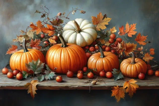 Autumn pumpkins and berries arranged on rustic wooden tabletop