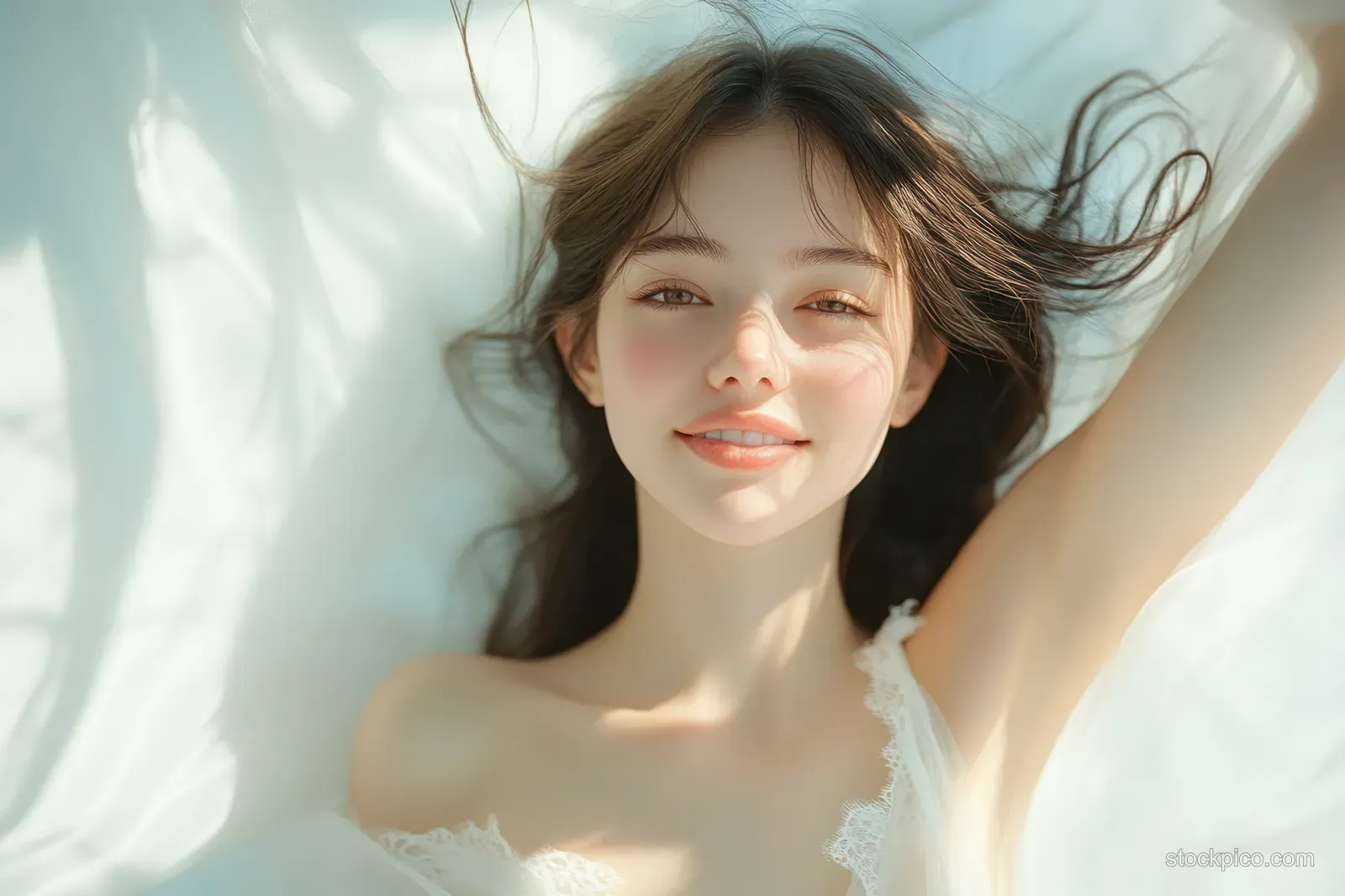 Smiling woman in a silk dress with flowing hair in sunlit indoor light, creating a gentle skincare glow.