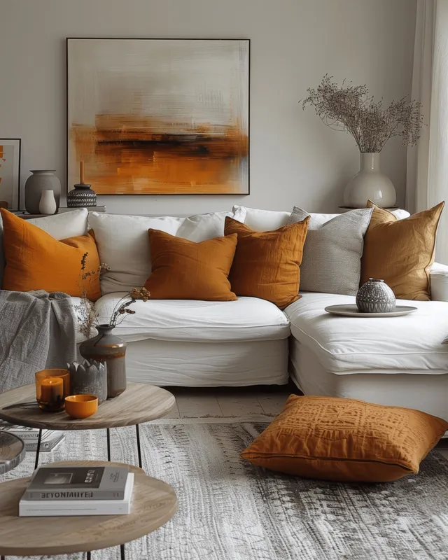 Minimalist living room featuring a white sofa with orange pillows, round coffee tables, and abstract artwork on a beige wall.