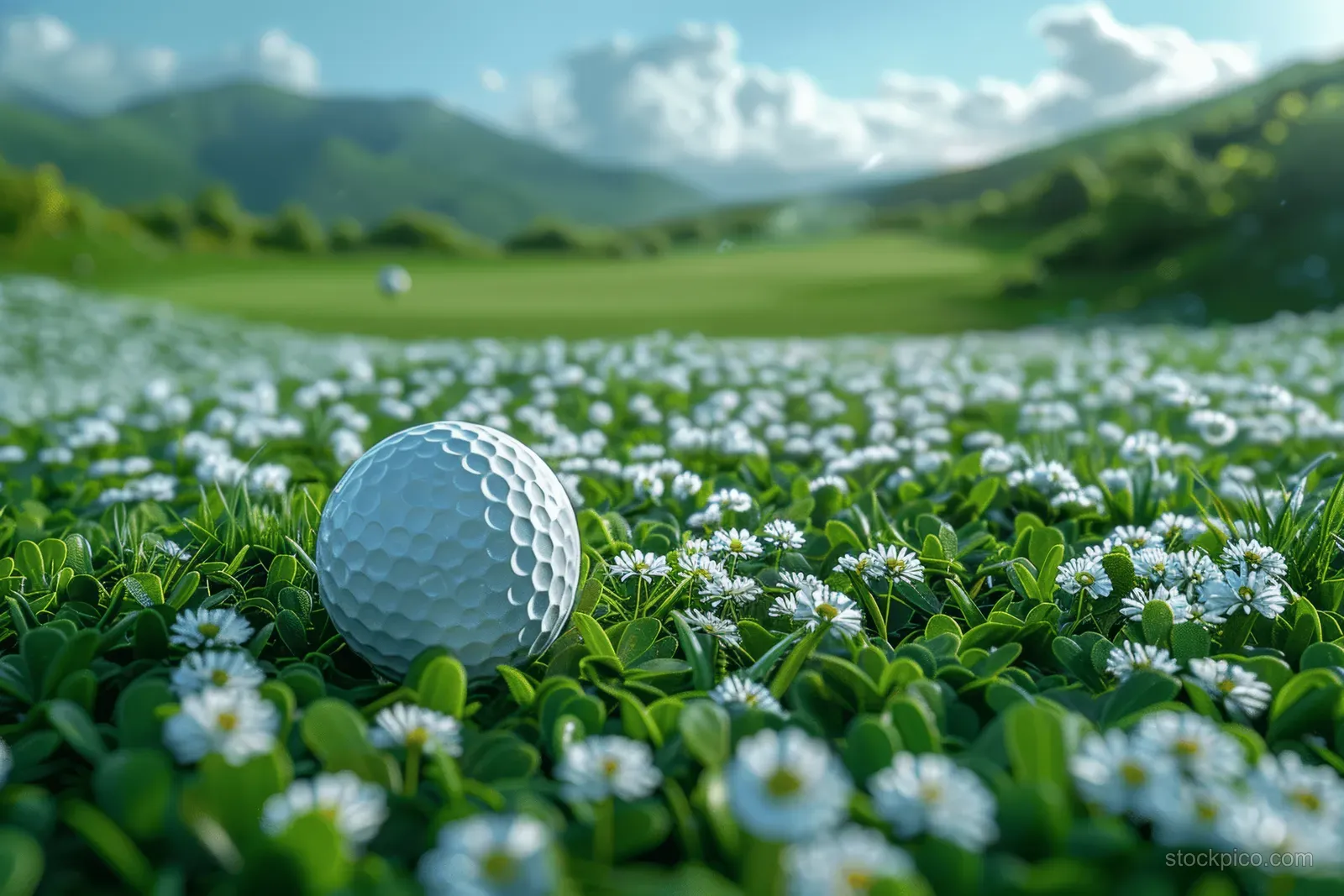 Golf ball on a flowered green fairway with a distant hole and mountain landscape in cloudy daylight.