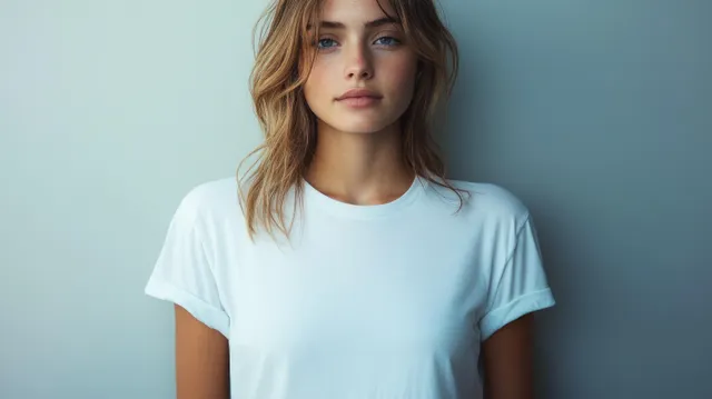 Minimalist portrait of a woman in a white t-shirt by a light blue wall