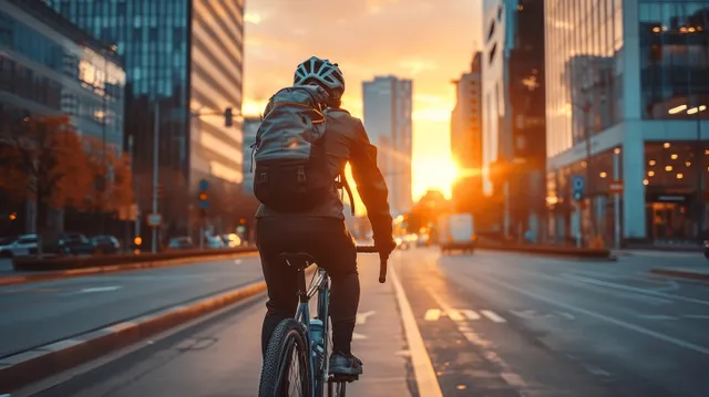 A helmeted cyclist with a backpack rides a bike down an empty downtown street at sunset between skyscrapers.