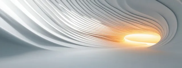 Abstract white architectural curves with soft golden light in a minimal interior corridor perspective