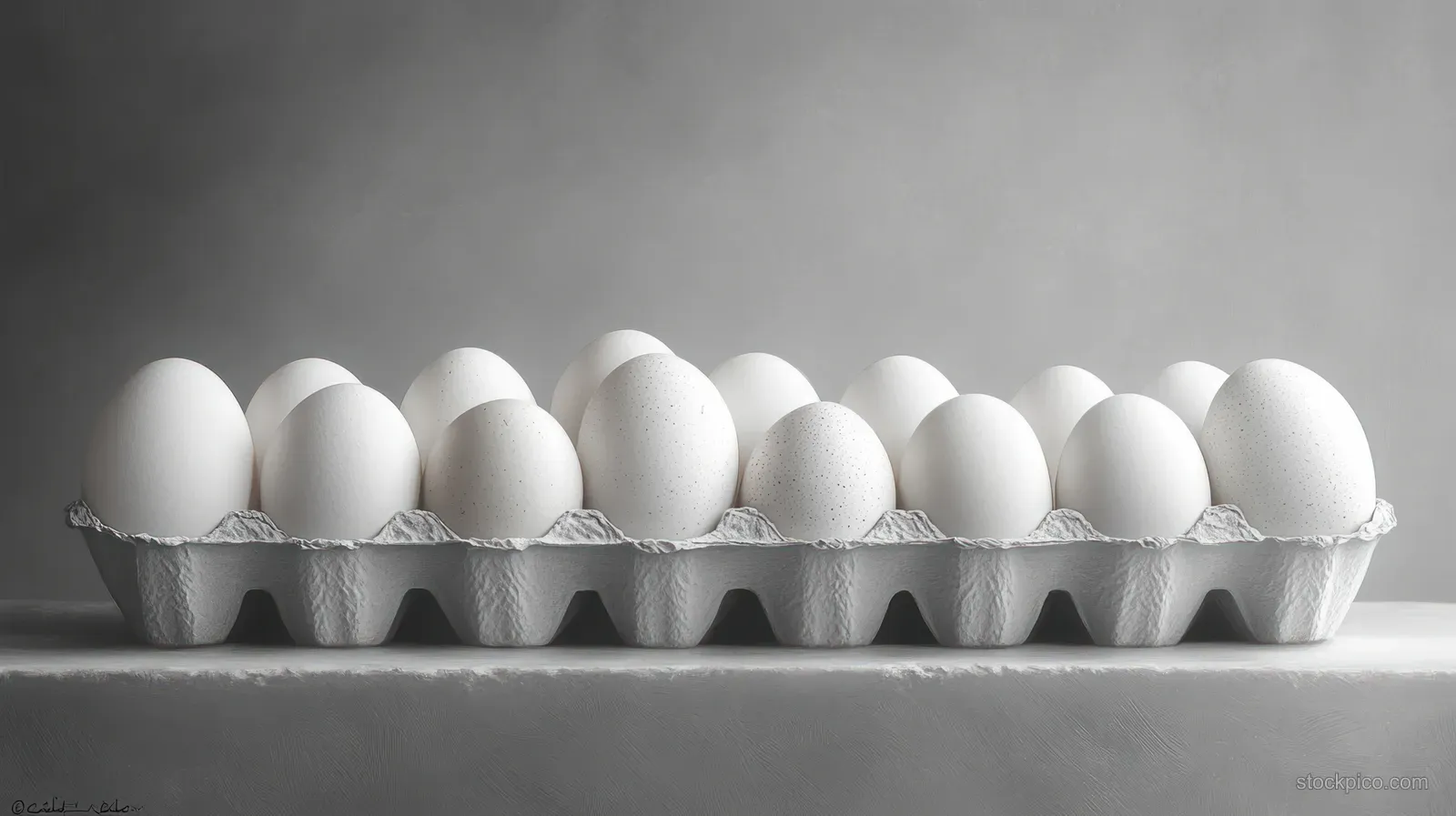 White eggs lined up in a paper carton on a white tabletop with soft shadows.