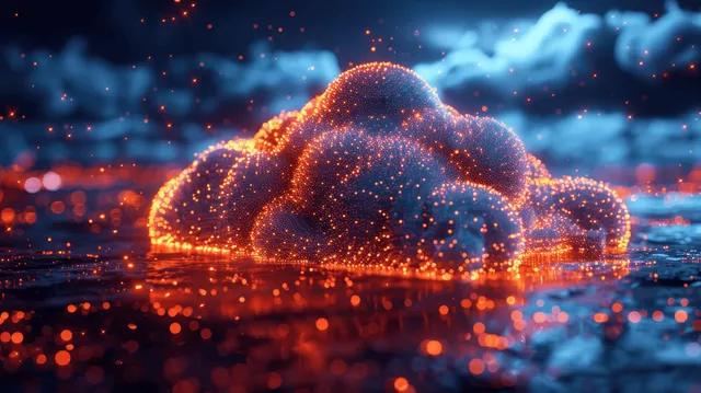 A glowing neon cloud of particles floats above a futuristic dark sci-fi background with scattered sparks.