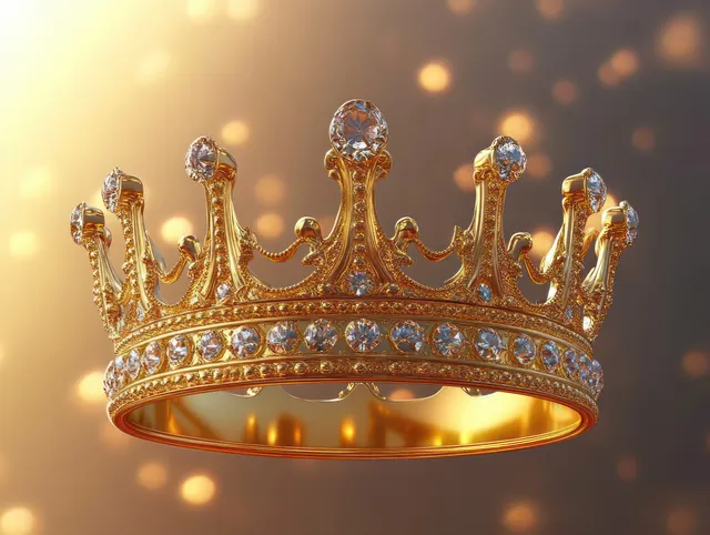 Ornate golden crown with sparkling clear gemstones centered over a warm golden bokeh glow.
