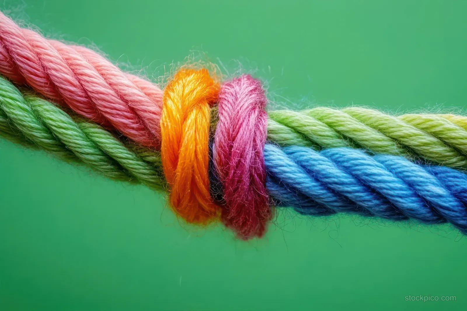Close-up of intertwined colorful ropes forming a tight knot against a solid green background.