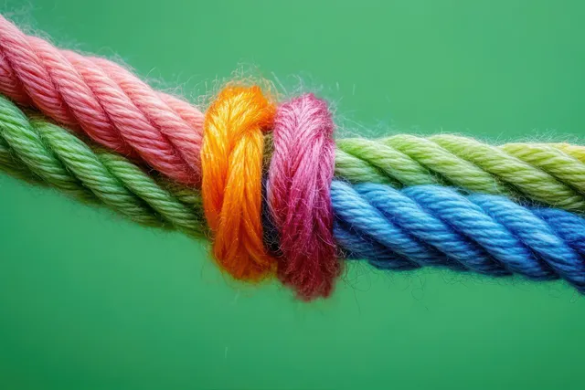 Close-up of intertwined colorful ropes forming a tight knot against a solid green background.