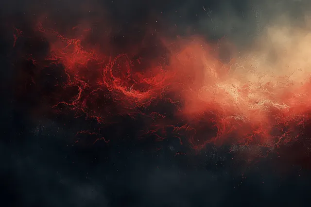 Chispas rojas y humo oscuro se desplazan por un paisaje grunge durante la noche.