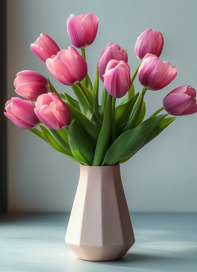 Pink tulips with green leaves sit in a beige ceramic vase on a light surface under soft natural light.