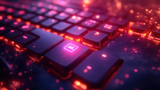 Close-up of a glowing keyboard with colorful illuminated logo