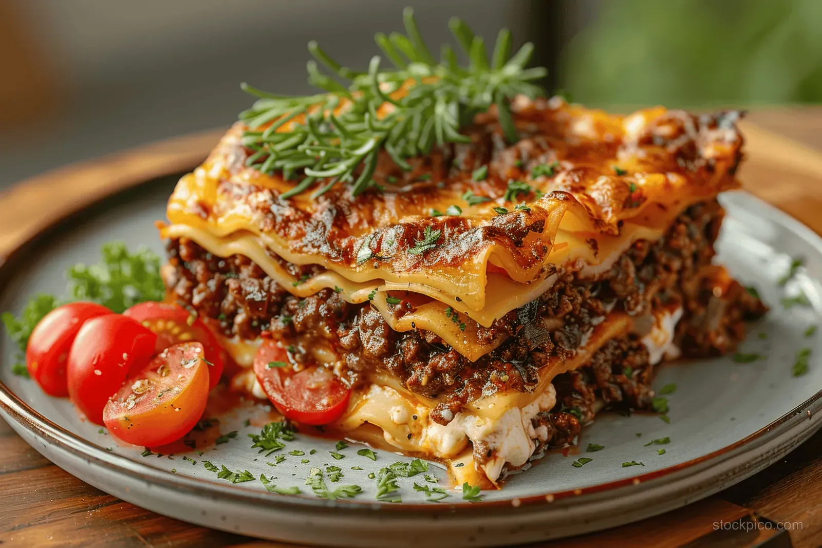 A beef lasagna slice with melted cheese and tomato sauce on a white plate, garnished with herbs and cherry tomatoes.