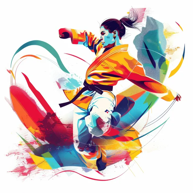 Colorful action illustration of a women’s judoka mid-throw with sweeping paint splashes and motion trails.