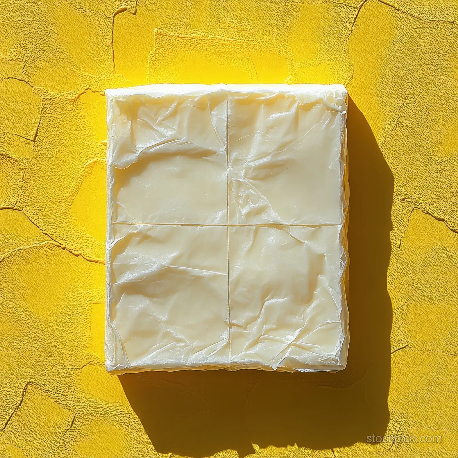 Square wrapped protein snack bar packaging mockup lies on a bright yellow textured background in overhead view.